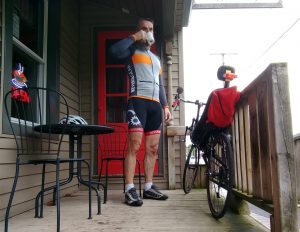 Silver Maple recumbent jersey drinking coffee